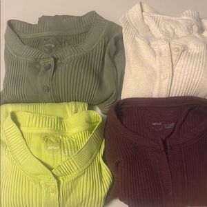 Aerie Ribbed Button-Up Tops - Green, White, Yellow, Burgundy
